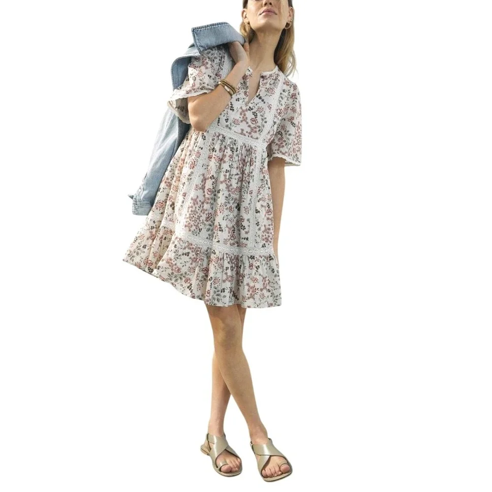 Anthropologie Lori Tunic Dress Size‎ S Floral White Prairie Cottagecore Romantic